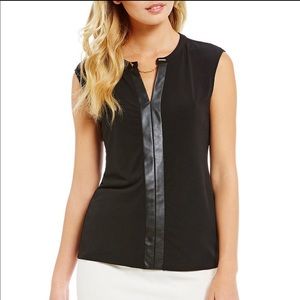 Woman Faux Leather Trim Crew Neck Top, Cap sleeves